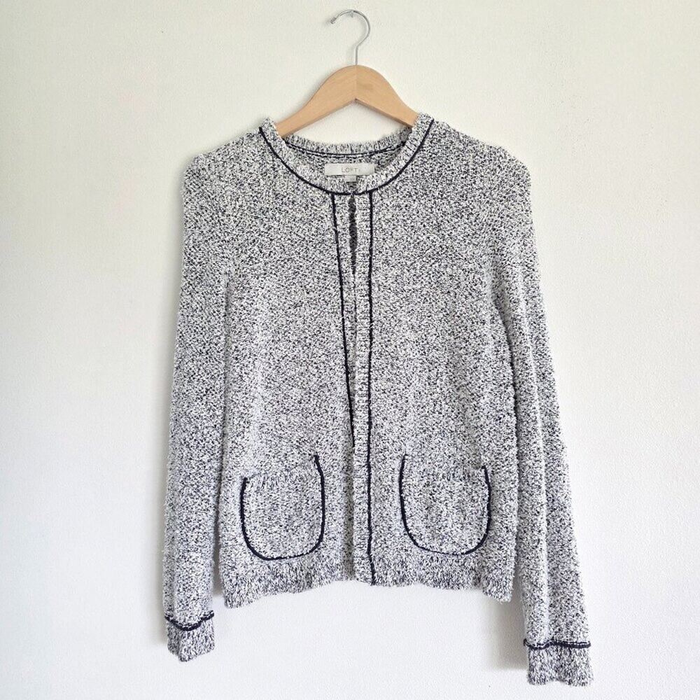 LOFT Tweed Knit Cardigan Black White Marled Contrast Piping Old Money Quiet Lux